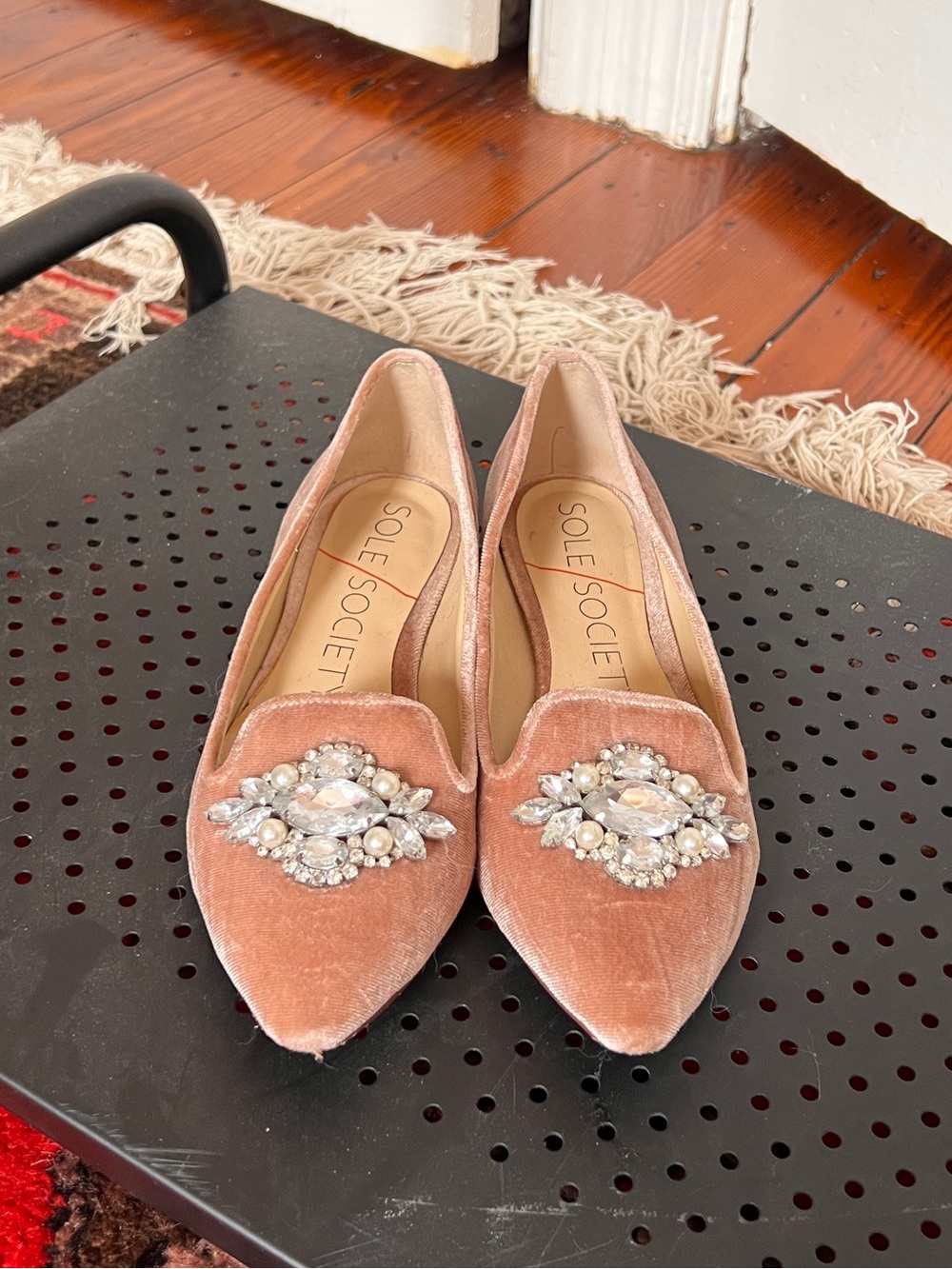 Sole Society Pink Velvet Jeweled Pointed Flats